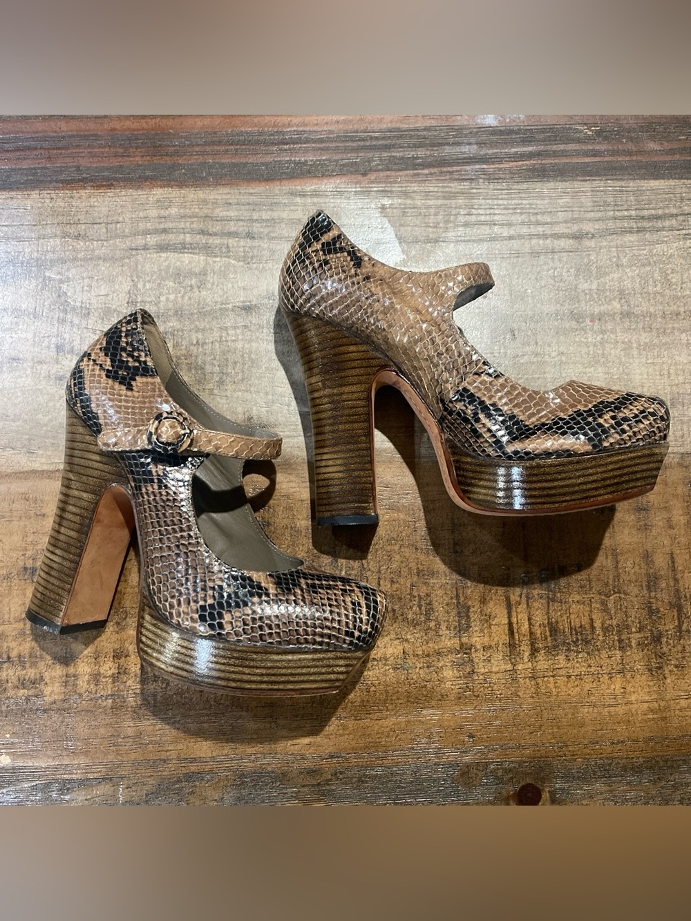 Alice + Olivia Brown Snake-Print Platform Mary Jane Heels